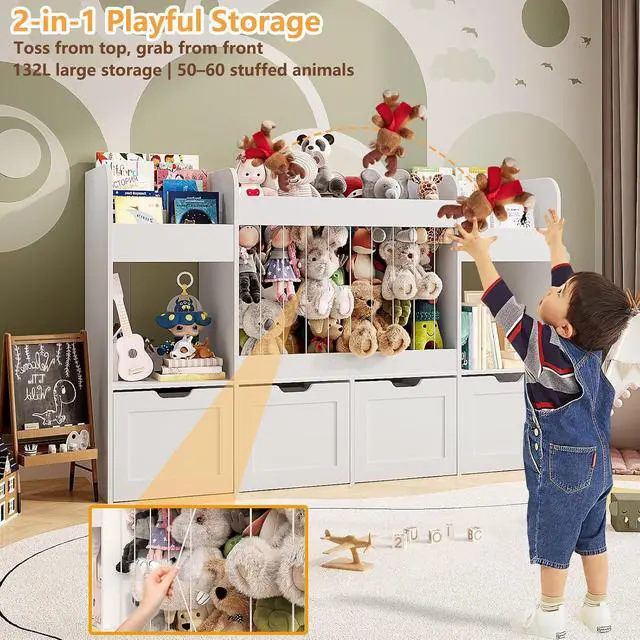 Alt view image 5 of 7 - 63"W Toy Storage Organizer, 132L Stuffed Animal Holder with 4 Rolling Drawers, 3-Tier Kids Bookshelf and 2 Storage Cubes, 4-in-1 Plush Toy Shelf for Playroom, Toddler Bookcase for Nursery, White