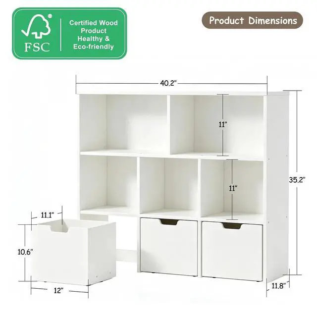 Alt view image 2 of 7 - Solid Pine Wood Toy Storage Organizer, Kids Bookshelf and Toy Organizer with 3 Rolling Drawers, 5 Storage Cubes, Montessori Playroom Storage Cabinet, White