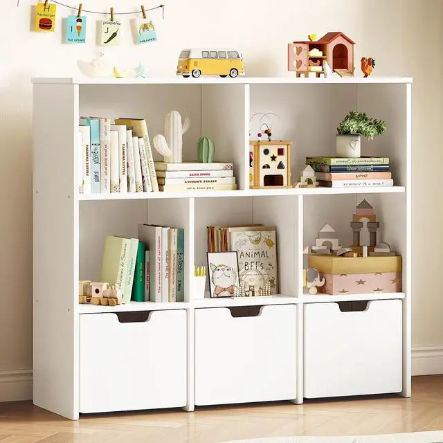 Main image of Solid Pine Wood Toy Storage Organizer, Kids Bookshelf and Toy Organizer with 3 Rolling Drawers, 5 Storage Cubes, Montessori Playroom Storage Cabinet, White