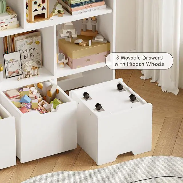 Alt view image 3 of 7 - Solid Pine Wood Toy Storage Organizer, Kids Bookshelf and Toy Organizer with 3 Rolling Drawers, 5 Storage Cubes, Montessori Playroom Storage Cabinet, White