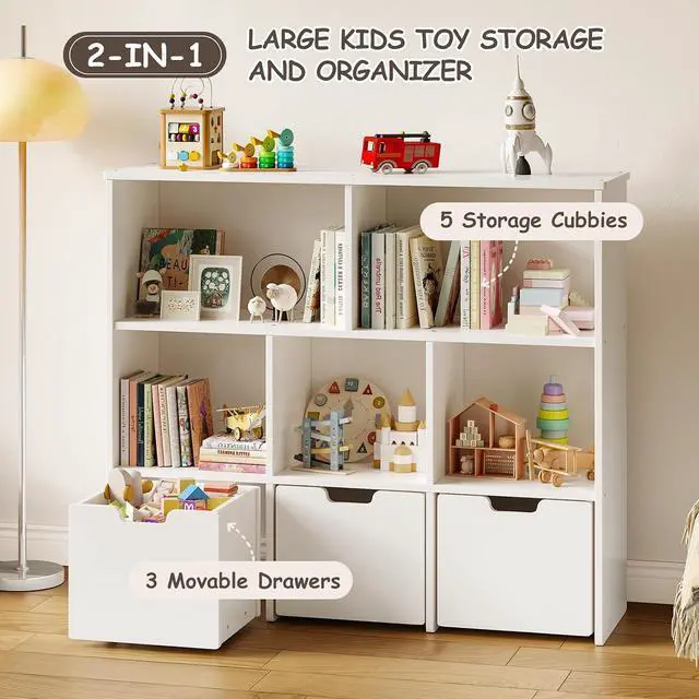 Alt view image 4 of 7 - Solid Pine Wood Toy Storage Organizer, Kids Bookshelf and Toy Organizer with 3 Rolling Drawers, 5 Storage Cubes, Montessori Playroom Storage Cabinet, White
