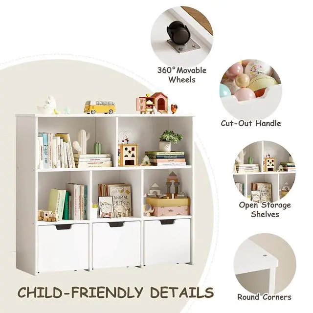 Alt view image 6 of 7 - Solid Pine Wood Toy Storage Organizer, Kids Bookshelf and Toy Organizer with 3 Rolling Drawers, 5 Storage Cubes, Montessori Playroom Storage Cabinet, White