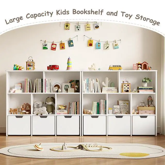 Alt view image 5 of 7 - Solid Pine Wood Toy Storage Organizer, Kids Bookshelf and Toy Organizer with 3 Rolling Drawers, 5 Storage Cubes, Montessori Playroom Storage Cabinet, White