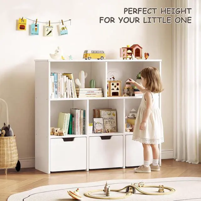Alt view image 7 of 7 - Solid Pine Wood Toy Storage Organizer, Kids Bookshelf and Toy Organizer with 3 Rolling Drawers, 5 Storage Cubes, Montessori Playroom Storage Cabinet, White
