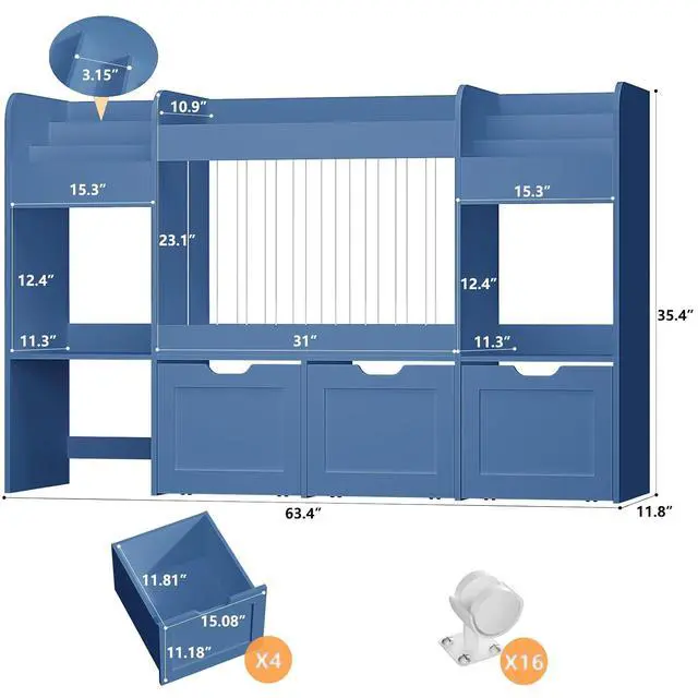 Alt view image 2 of 7 - 63"W Toy Storage Organizer, 3-Tier Kids Bookshelf with 4 Rolling Drawers