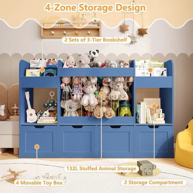 Alt view image 4 of 7 - 63"W Toy Storage Organizer, 3-Tier Kids Bookshelf with 4 Rolling Drawers