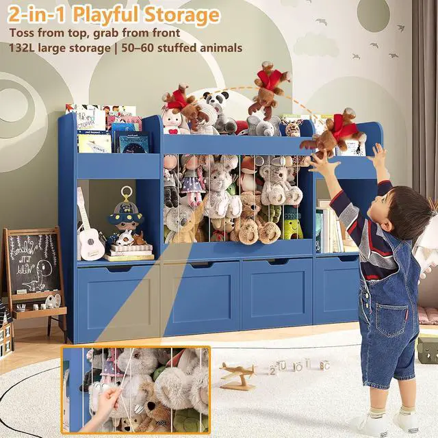 Alt view image 5 of 7 - 63"W Toy Storage Organizer, 3-Tier Kids Bookshelf with 4 Rolling Drawers