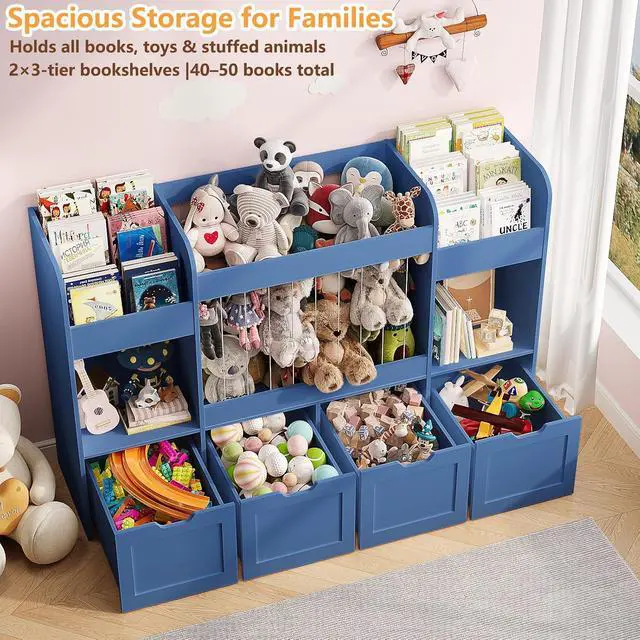Alt view image 3 of 7 - 63"W Toy Storage Organizer, 3-Tier Kids Bookshelf with 4 Rolling Drawers