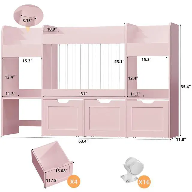 Alt view image 2 of 7 - 63"W Toy Storage Organizer, 132L Stuffed Animal Zoo with 4 Rolling Drawers