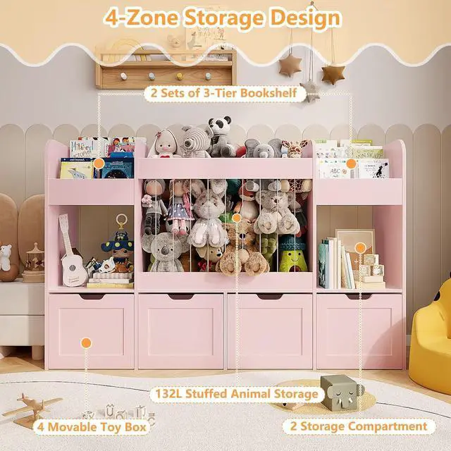 Alt view image 3 of 7 - 63"W Toy Storage Organizer, 132L Stuffed Animal Zoo with 4 Rolling Drawers