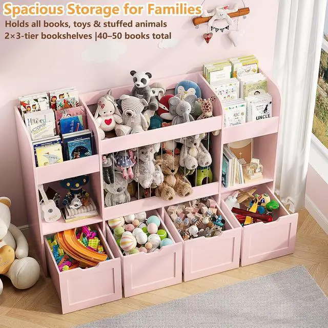 Alt view image 4 of 7 - 63"W Toy Storage Organizer, 132L Stuffed Animal Zoo with 4 Rolling Drawers