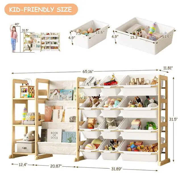 Alt view image 3 of 7 - 3-in-1 Kids Bookshelf with Toy Storage, Front Rack, 12 Bins