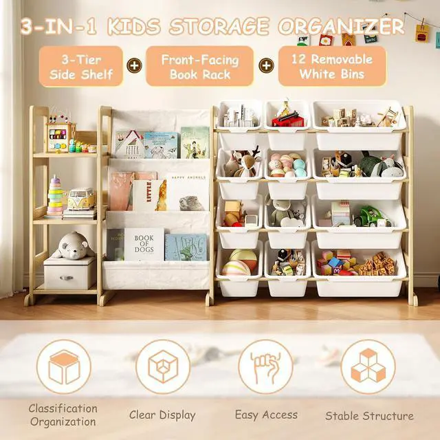 Alt view image 4 of 7 - 3-in-1 Kids Bookshelf with Toy Storage, Front Rack, 12 Bins