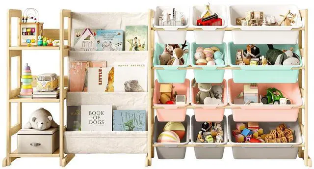 Main image of 3-in-1 Kids Bookshelf with Toy Storage, Front Rack, 12 Color Bins
