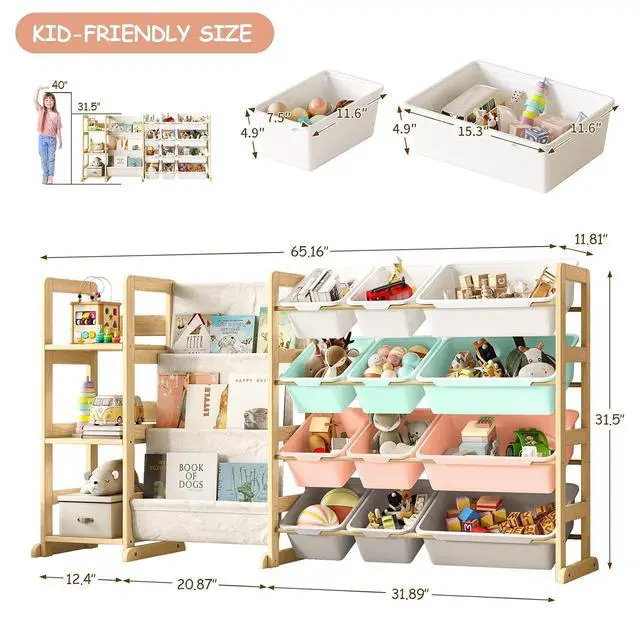 Alt view image 3 of 7 - 3-in-1 Kids Bookshelf with Toy Storage, Front Rack, 12 Color Bins