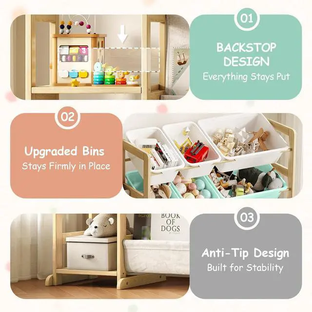Alt view image 5 of 7 - 3-in-1 Kids Bookshelf with Toy Storage, Front Rack, 12 Color Bins