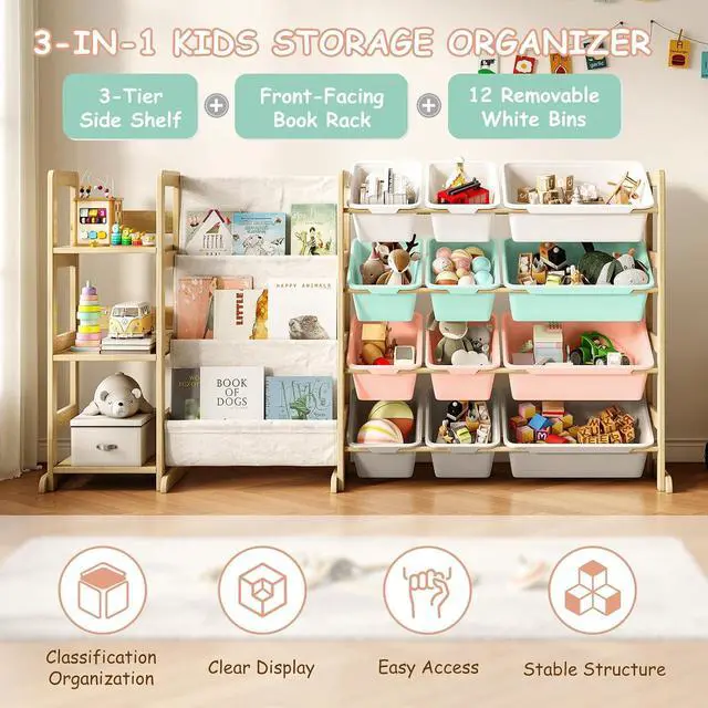 Alt view image 4 of 7 - 3-in-1 Kids Bookshelf with Toy Storage, Front Rack, 12 Color Bins