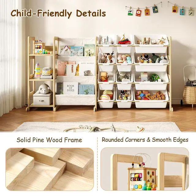 Alt view image 6 of 7 - 3-in-1 Kids Bookshelf with Toy Storage, Front Rack, 12 Bins
