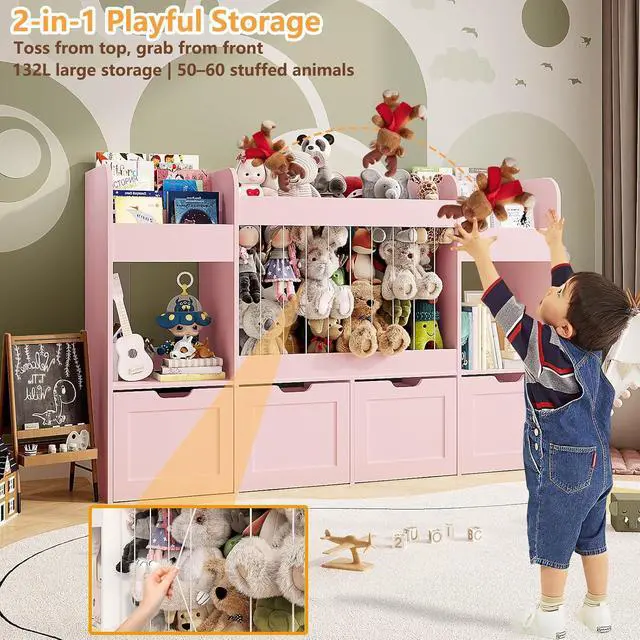 Alt view image 5 of 7 - 63"W Toy Storage Organizer, 132L Stuffed Animal Zoo with 4 Rolling Drawers