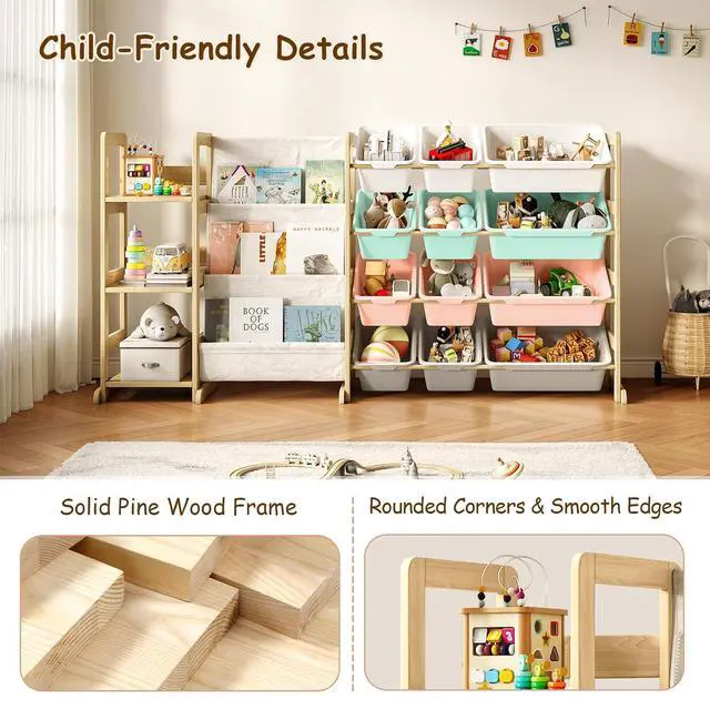 Alt view image 6 of 7 - 3-in-1 Kids Bookshelf with Toy Storage, Front Rack, 12 Color Bins