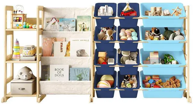 Main image of 3-in-1 Kids Bookshelf with Toy Storage, Front Rack, 12 Blue Bins