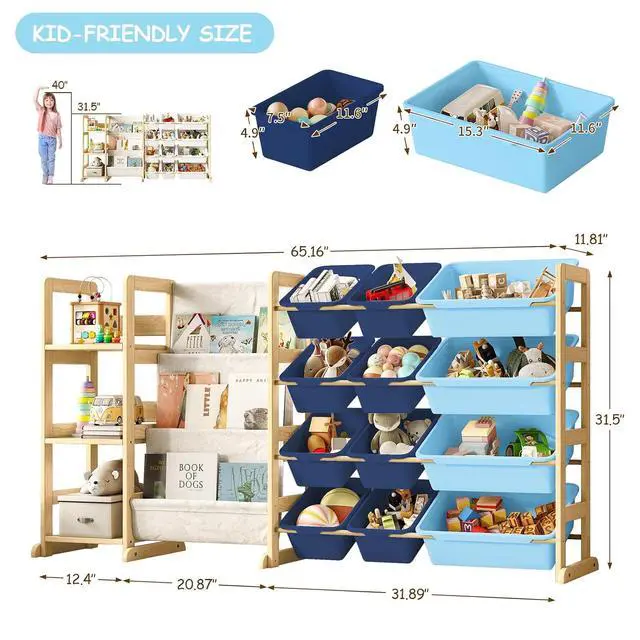 Alt view image 2 of 7 - 3-in-1 Kids Bookshelf with Toy Storage, Front Rack, 12 Blue Bins