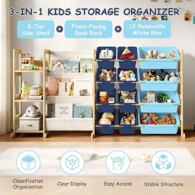Alt view image 3 of 7 - 3-in-1 Kids Bookshelf with Toy Storage, Front Rack, 12 Blue Bins