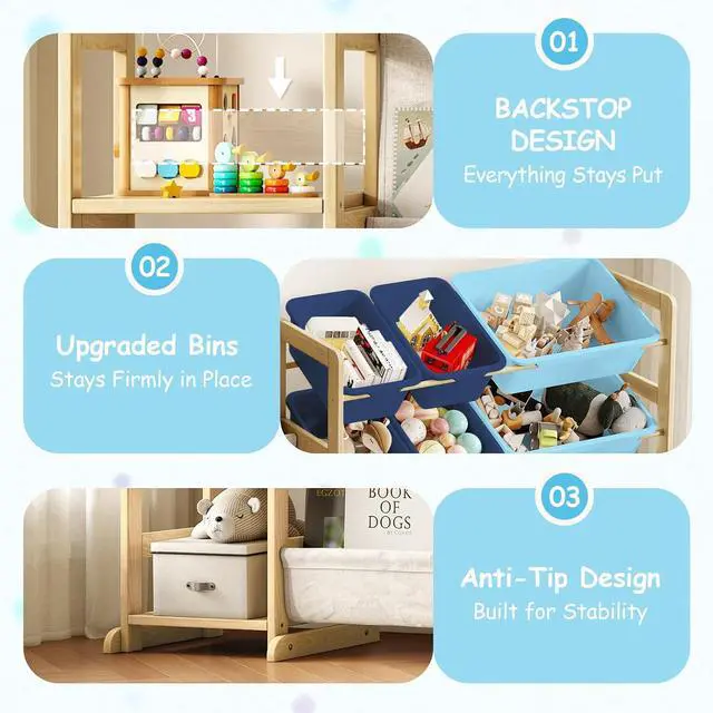 Alt view image 4 of 7 - 3-in-1 Kids Bookshelf with Toy Storage, Front Rack, 12 Blue Bins
