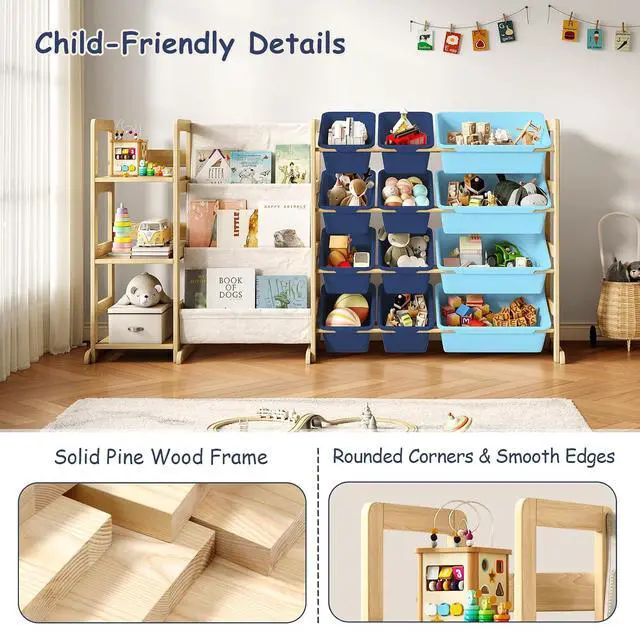 Alt view image 7 of 7 - 3-in-1 Kids Bookshelf with Toy Storage, Front Rack, 12 Blue Bins