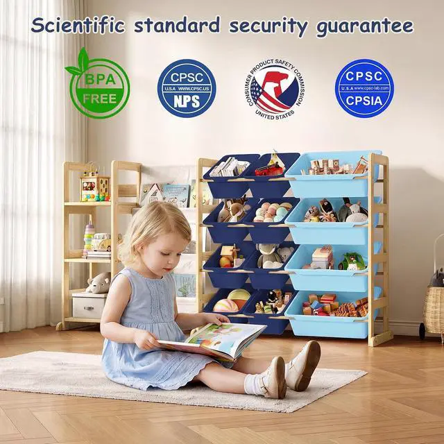 Alt view image 6 of 7 - 3-in-1 Kids Bookshelf with Toy Storage, Front Rack, 12 Blue Bins