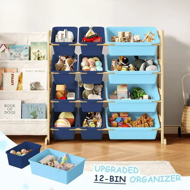 Alt view image 5 of 7 - 3-in-1 Kids Bookshelf with Toy Storage, Front Rack, 12 Blue Bins