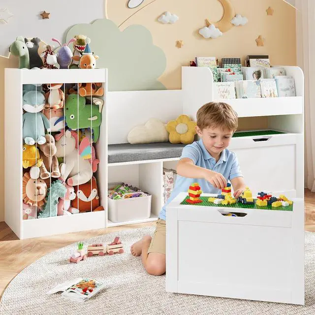 Main image of 68.9" W Kids Reading Nook, Toy Storage Box with Removable Building Baseplate Play Lid for Lego, Wooden Bookshelf with Stuffed Animal Storage, Bench and Removable Cushions for Playroom(White)