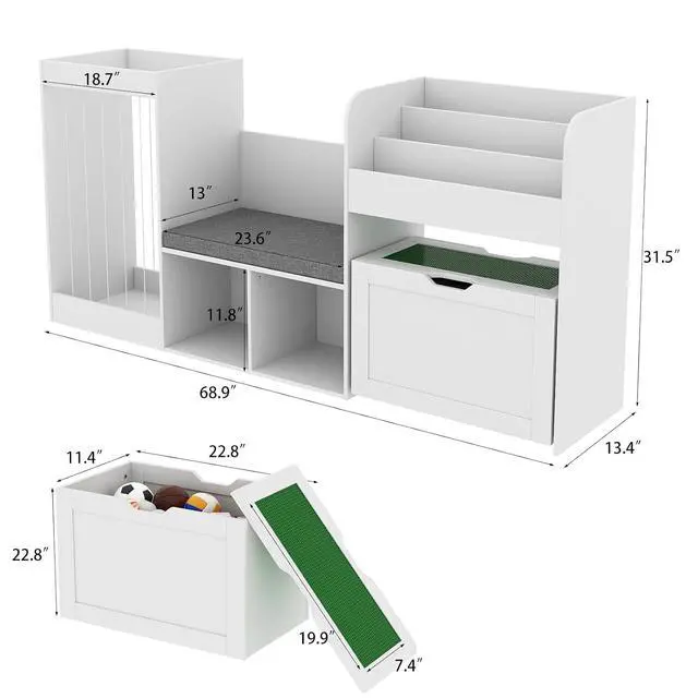 Alt view image 3 of 7 - 68.9" W Kids Reading Nook, Toy Storage Box with Removable Building Baseplate Play Lid for Lego, Wooden Bookshelf with Stuffed Animal Storage, Bench and Removable Cushions for Playroom(White)