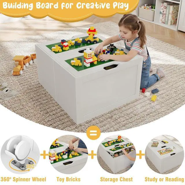 Alt view image 4 of 7 - 68.9" W Kids Reading Nook, Toy Storage Box with Removable Building Baseplate Play Lid for Lego, Wooden Bookshelf with Stuffed Animal Storage, Bench and Removable Cushions for Playroom(White)