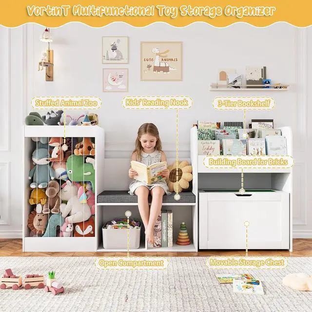 Alt view image 2 of 7 - 68.9" W Kids Reading Nook, Toy Storage Box with Removable Building Baseplate Play Lid for Lego, Wooden Bookshelf with Stuffed Animal Storage, Bench and Removable Cushions for Playroom(White)