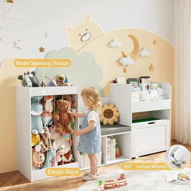 Alt view image 5 of 7 - 68.9" W Kids Reading Nook, Toy Storage Box with Removable Building Baseplate Play Lid for Lego, Wooden Bookshelf with Stuffed Animal Storage, Bench and Removable Cushions for Playroom(White)