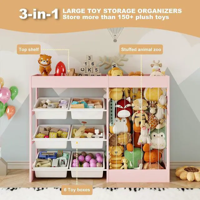 Alt view image 3 of 7 - VontinT 2Pcs 50.6" W Toy Storage with Stuffed Animal Organizer&Bins, Wooden