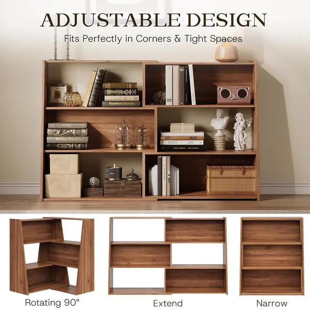Alt view image 3 of 7 - Extendable Bookshelf, Adjustable Low Bookcase, Walnut