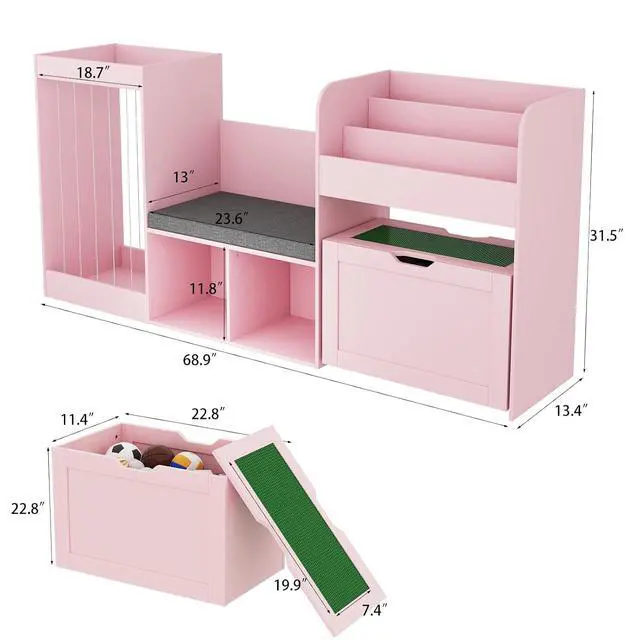 Alt view image 2 of 7 - VontinT 68.9"W Kids Toy Storage Reading Nook with Bookshelf & Drawer,Wooden