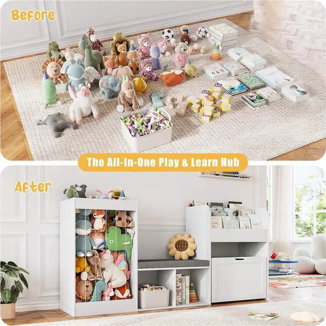 Alt view image 6 of 7 - 68.9" W Kids Reading Nook, Toy Storage Box with Removable Building Baseplate Play Lid for Lego, Wooden Bookshelf with Stuffed Animal Storage, Bench and Removable Cushions for Playroom(White)
