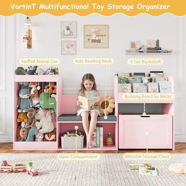 Alt view image 3 of 7 - VontinT 68.9"W Kids Toy Storage Reading Nook with Bookshelf & Drawer,Wooden