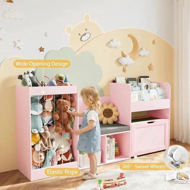 Alt view image 5 of 7 - VontinT 68.9"W Kids Toy Storage Reading Nook with Bookshelf & Drawer,Wooden
