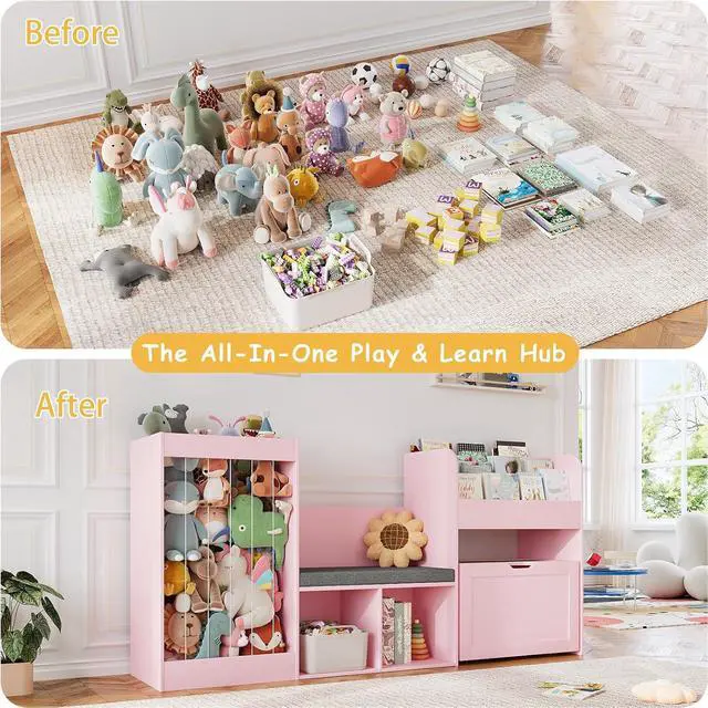 Alt view image 6 of 7 - VontinT 68.9"W Kids Toy Storage Reading Nook with Bookshelf & Drawer,Wooden