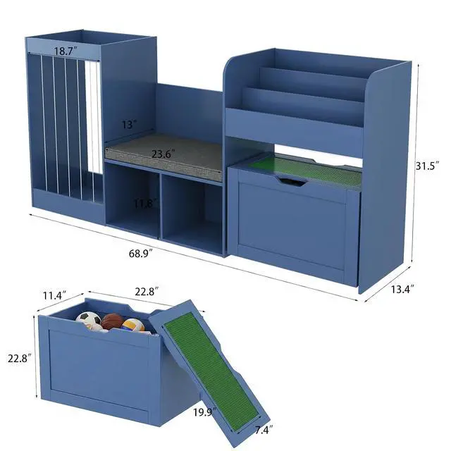Alt view image 2 of 7 - VontinT 68.9" W Wooden Reading Nook Kids Bookshelf Toy Storage Organizer