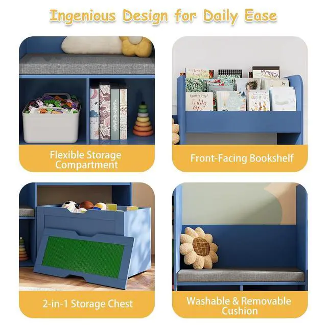 Alt view image 5 of 7 - VontinT 68.9" W Wooden Reading Nook Kids Bookshelf Toy Storage Organizer