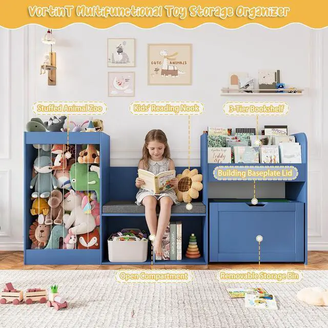Alt view image 3 of 7 - VontinT 68.9" W Wooden Reading Nook Kids Bookshelf Toy Storage Organizer