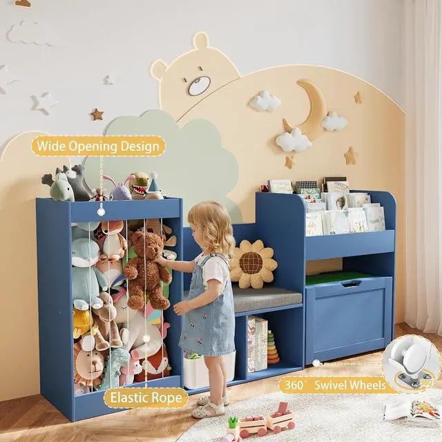 Alt view image 6 of 7 - VontinT 68.9" W Wooden Reading Nook Kids Bookshelf Toy Storage Organizer