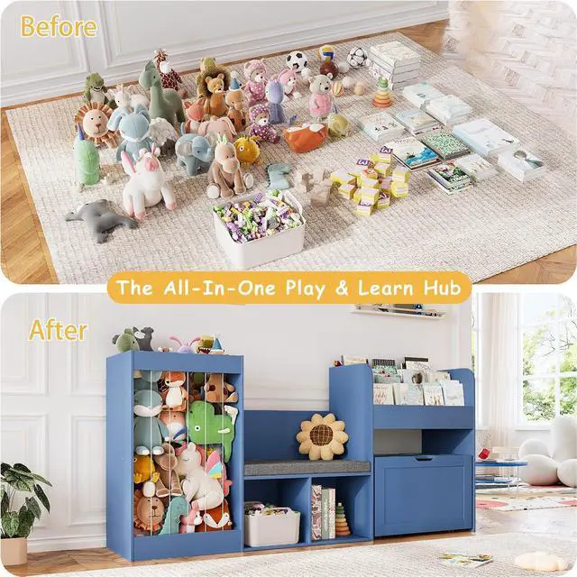 Alt view image 7 of 7 - VontinT 68.9" W Wooden Reading Nook Kids Bookshelf Toy Storage Organizer