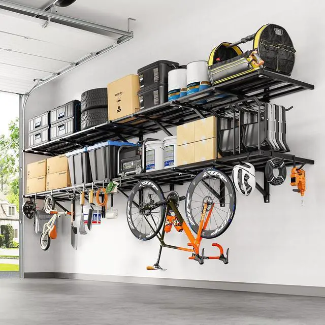 Main image of 4-Pack 2x6ft Garage Wall Shelving with 8 Hooks, 1200lbs, Black