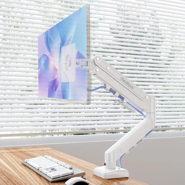 Main image of Single Monitor Arm, 17-32 Inch Monitor Mount up to 19.84 lbs, Fast Install VESA Mount for Home Office Gaming, Full Adjustable Gas Spring with C-Clamp and Grommet Base, White